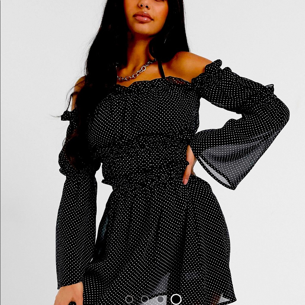 ASOS off the shoulders black and white polka dot mini dress